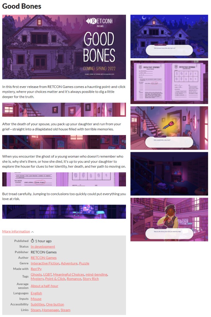 Screenshot of the GOOD BONES itch.io page